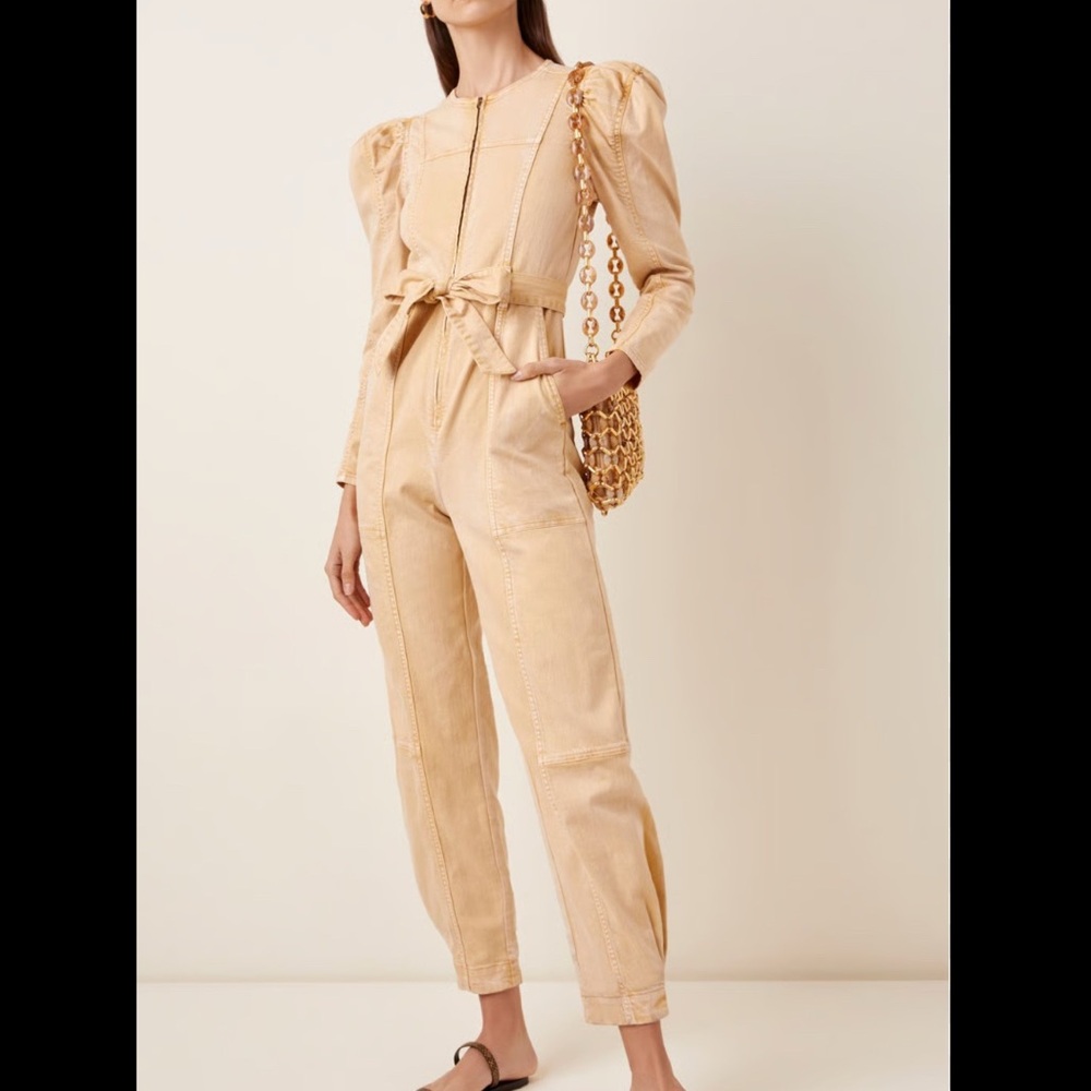 Mare Mare x Anthropologie women’s size XS tan puff sleeve jumpsuit zip front‎